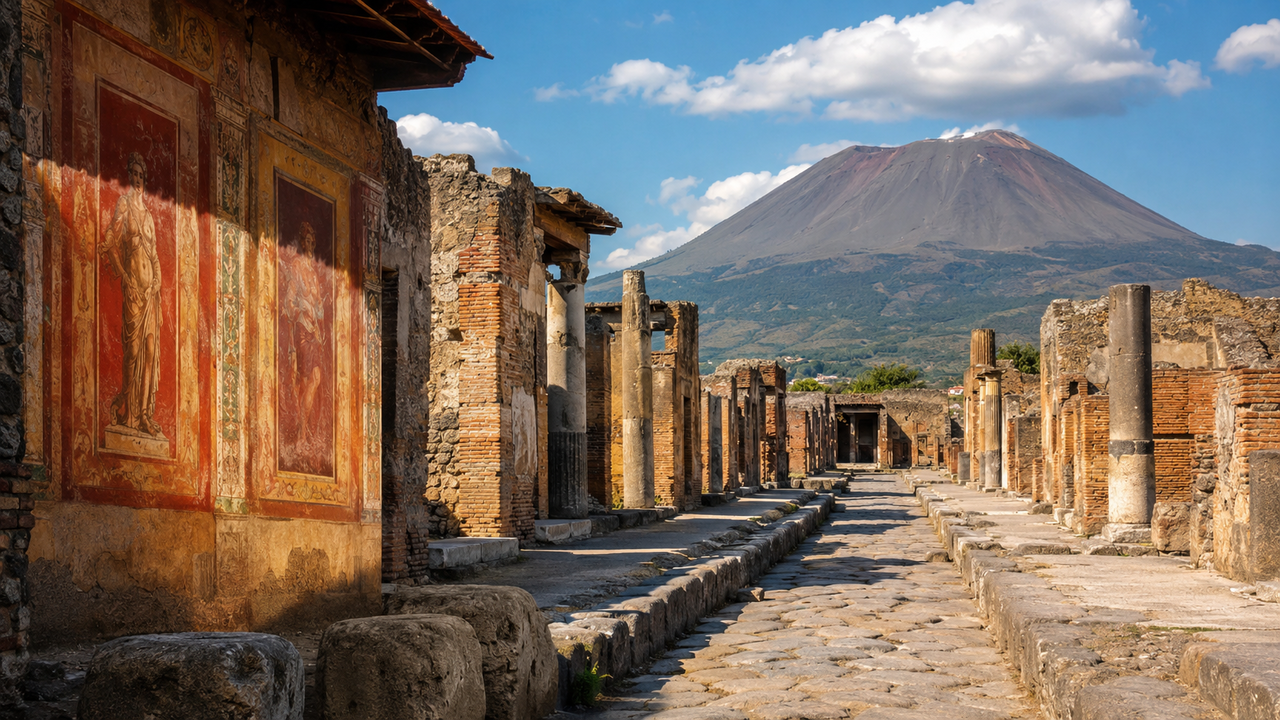 A cidade de Pompeia desenvolvida ao longo de séculos antes de ser soterrada em 79 d.C. e que ainda conserva ruas, casas, templos, mercados, pinturas e construções da sociedade romana