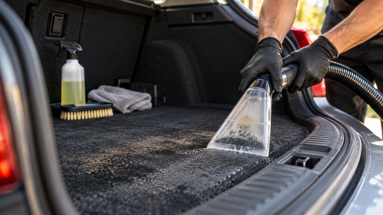 Detailer automotivo ensina como remover manchas do porta-malas usando pré-tratamento e extração localizada para recuperar o carpete sem espalhar a sujeira