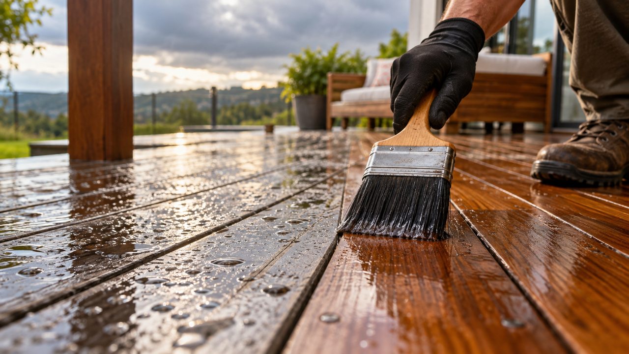 Especialista em madeira mostra como proteger decks externos contra chuva usando stain nas fibras para reduzir rachaduras e desgaste causado pelo clima