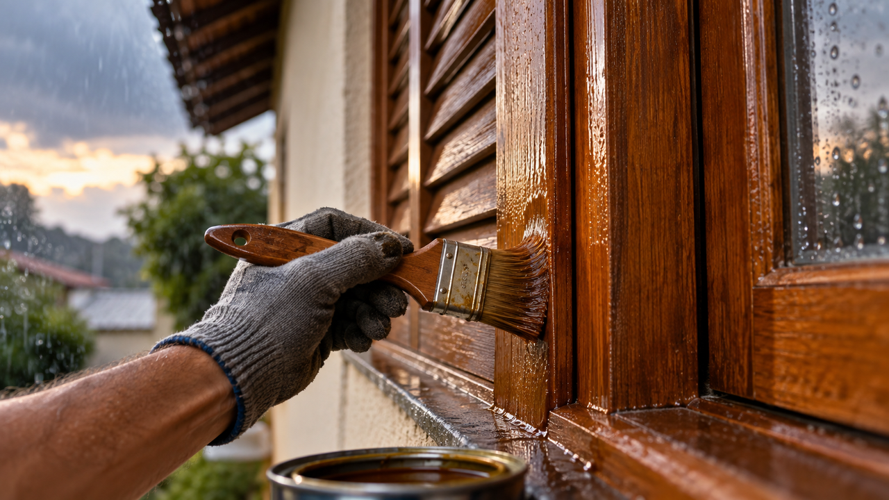 Carpinteiro profissional ensina como proteger janelas de madeira contra chuva usando selagem das extremidades para reduzir infiltrações e desgaste precoce