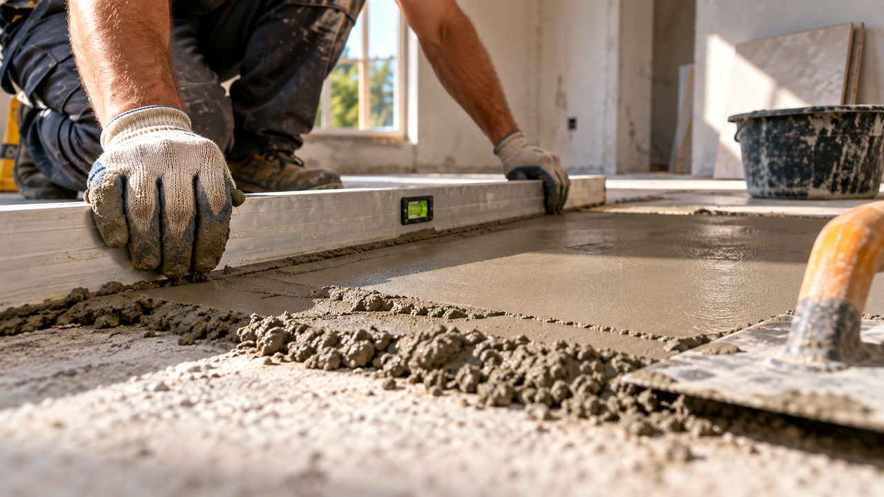 Mestre de obras mostra como corrigir piso irregular usando argamassa de reparo e técnica de nivelamento para preparar a superfície antes do revestimento