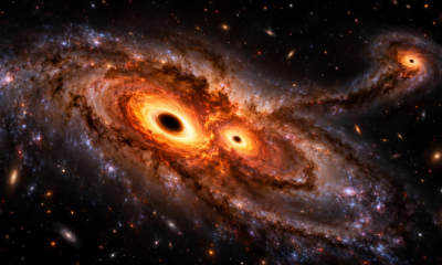 Astrônomos identificaram três buracos negros supermassivos ativos na galáxia J0148-4214, observada quando o Universo tinha apenas 1,2 bilhão de anos de existência