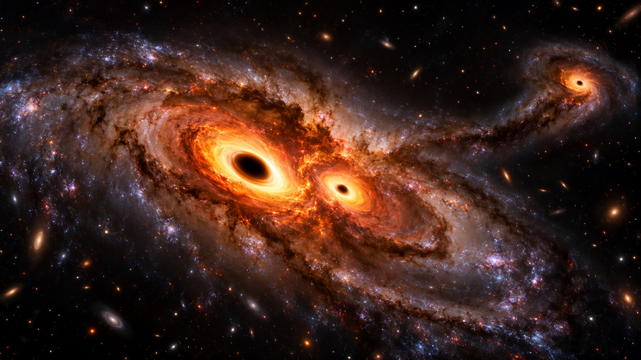 Astrônomos identificaram três buracos negros supermassivos ativos na galáxia J0148-4214, observada quando o Universo tinha apenas 1,2 bilhão de anos de existência