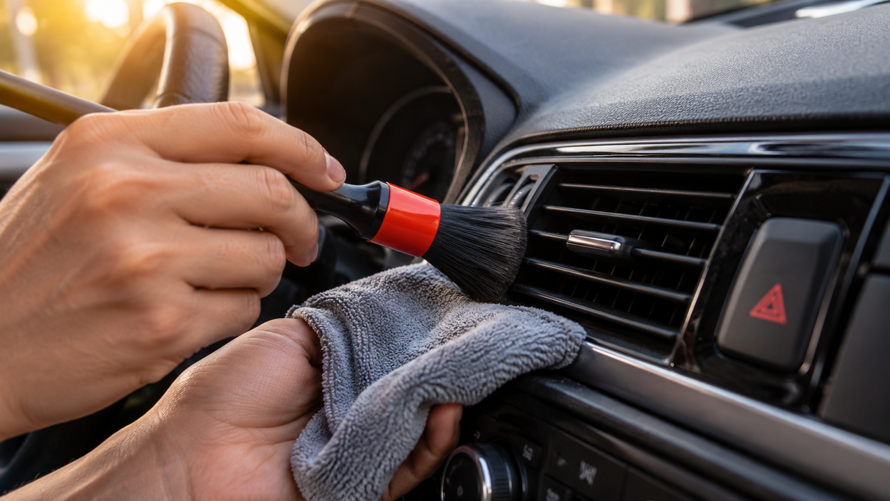 Detailer automotivo revela como remover sujeira das saídas de ar usando pincel de detalhamento e microfibra para deixar o acabamento limpo sem espalhar poeira