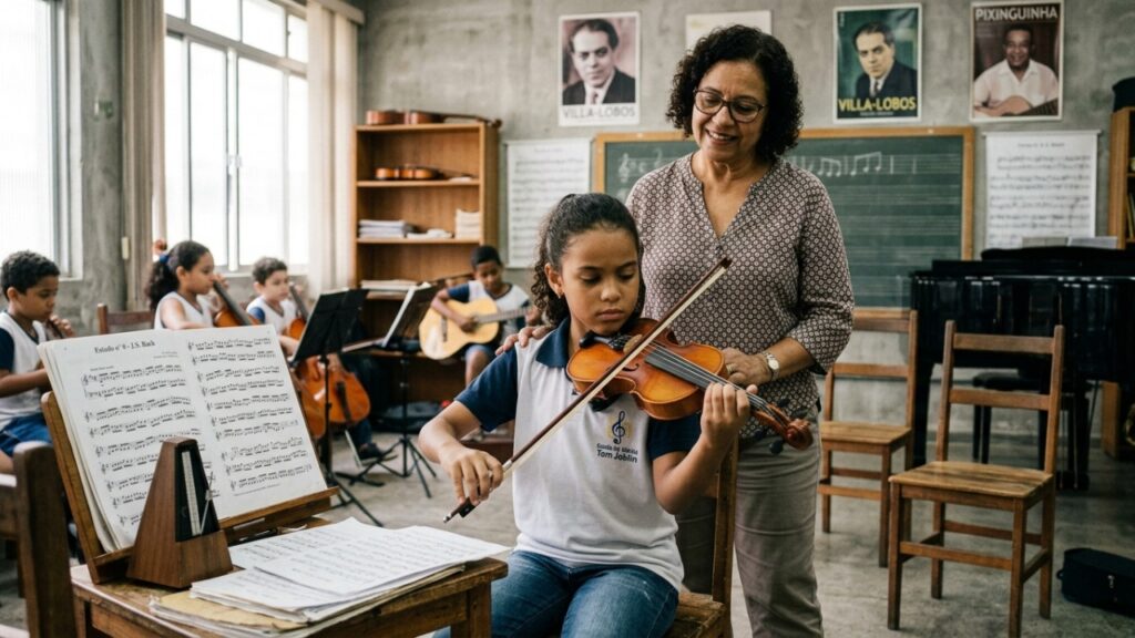 Especialistas em psicologia afirmam que tocar um instrumento desde cedo pode ajudar a desenvolver memória, raciocínio, linguagem e disciplina ao longo da vida
