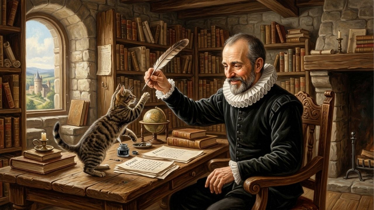 Citação do dia de Montaigne: "Quando brinco com minha gata, quem sabe se ela não se diverte mais comigo do que eu…" — a reflexão do século 16 sobre bichos, humildade e o jeito como olhamos os animais