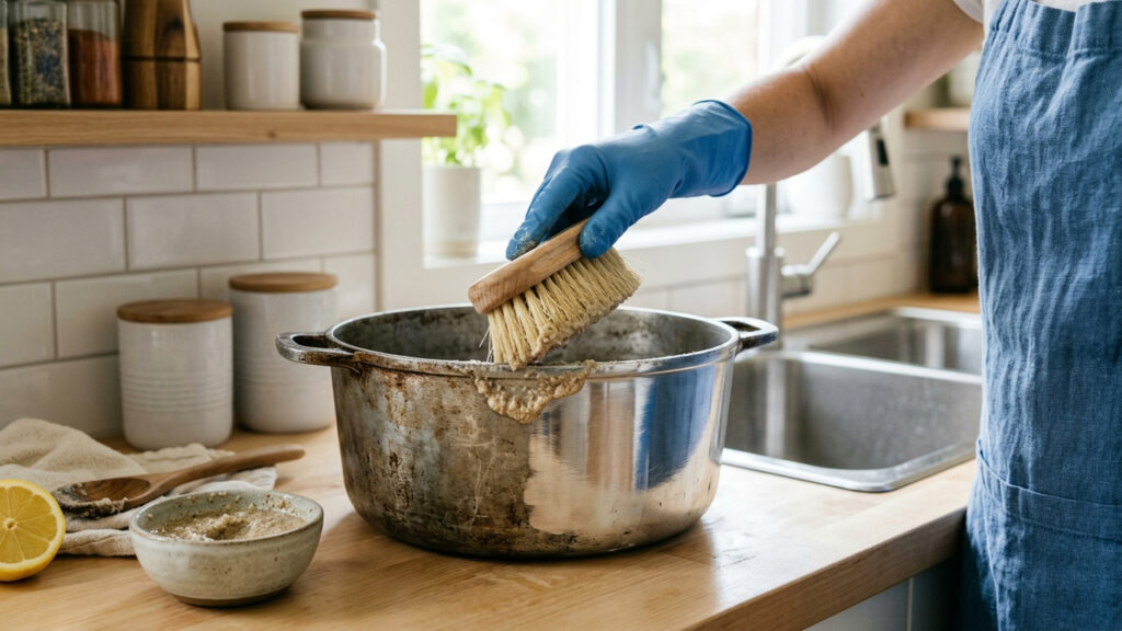 Misturar sal grosso com sabão em pasta: o abrasivo caseiro suave que limpa a panela de alumínio queimada por fora sem riscar o metal
