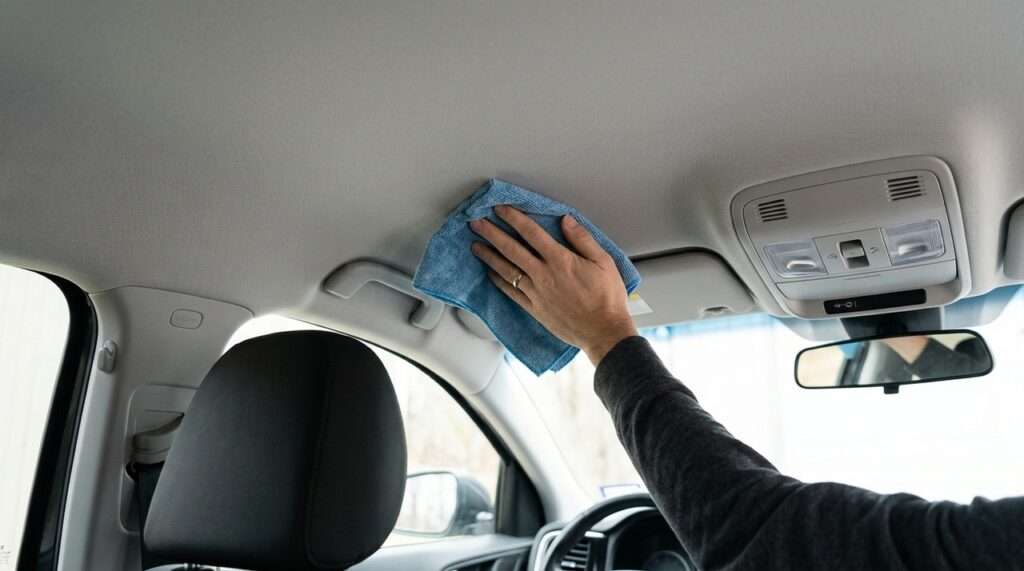 Profissional de estética automotiva mostra como limpar o teto interno do carro usando técnica de baixa umidade para remover marcas de mãos sem causar manchas no tecido