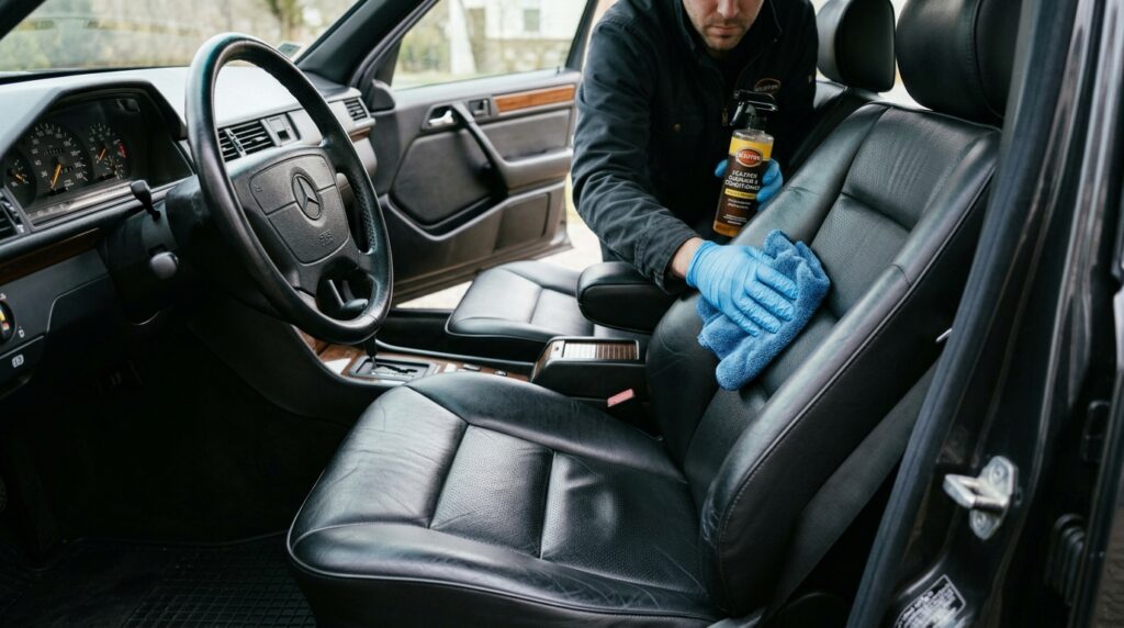Detailer automotivo mostra como remover manchas dos bancos de couro usando limpador específico e microfibra para preservar o acabamento sem ressecar o revestimento