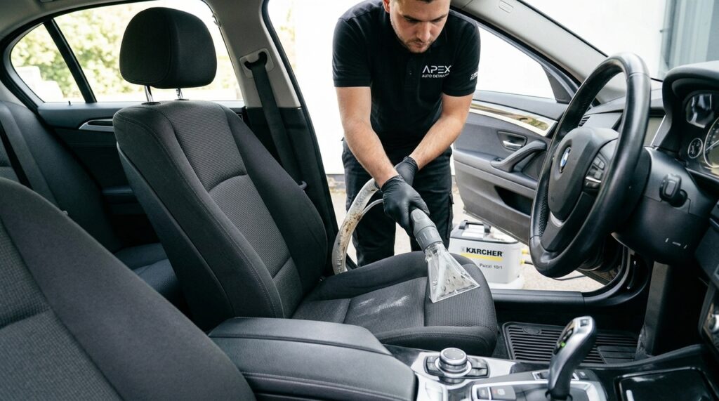 Especialista em estética automotiva ensina como recuperar os bancos de tecido do carro usando técnica de extração para remover manchas sem encharcar o estofado