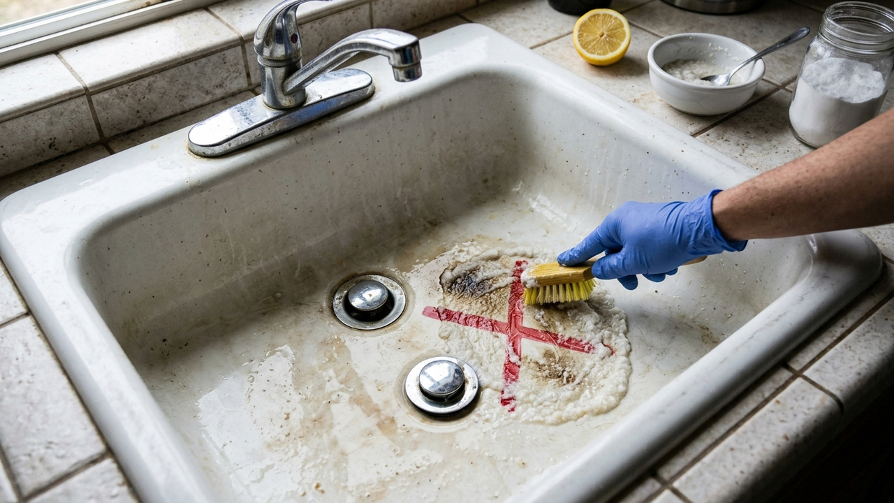 Aplicar pasta de bicarbonato de sódio com suco de limão: a receita caseira clareadora para remover manchas de pias de louça branca encardidas