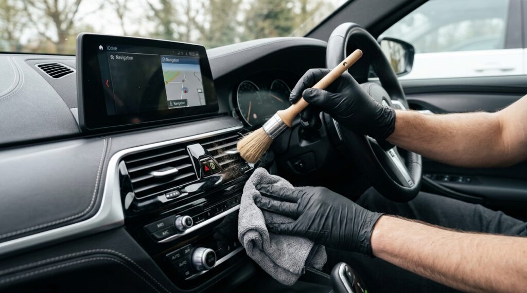 Detailer automotivo revela como remover sujeira das saídas de ar usando pincel de detalhamento e microfibra para deixar o acabamento limpo sem espalhar poeira