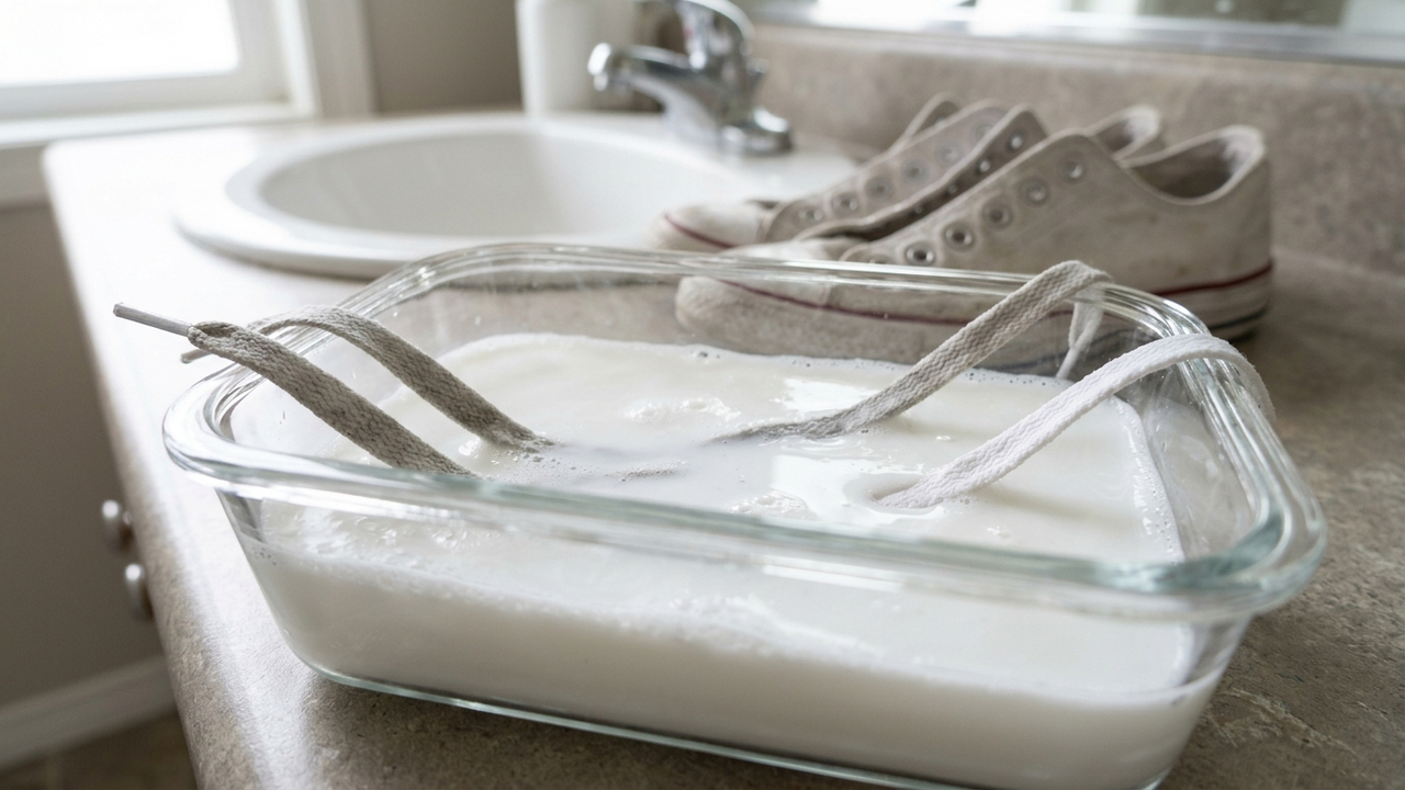 Como recuperar o cadarço branco encardido do tênis deixando as peças de molho com água oxigenada cremosa para branquear sem esforço