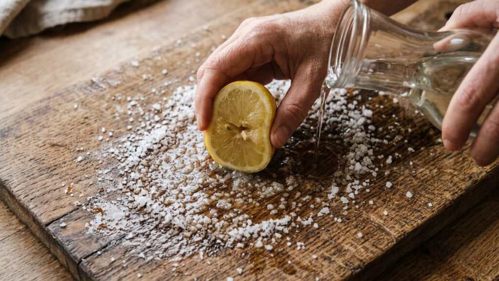 Esfregar limão com sal grosso e vinagre na tábua de corte: o truque caseiro que higieniza a madeira profundamente e remove odores fortes de carne