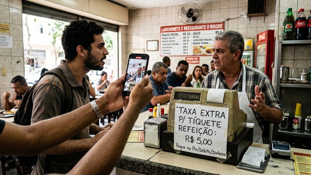Lojista tenta cobrar taxa extra de R$ 5 para aceitar vale-refeição, cliente filma a exigência e Procon aplica multa de R$ 12 mil por abuso