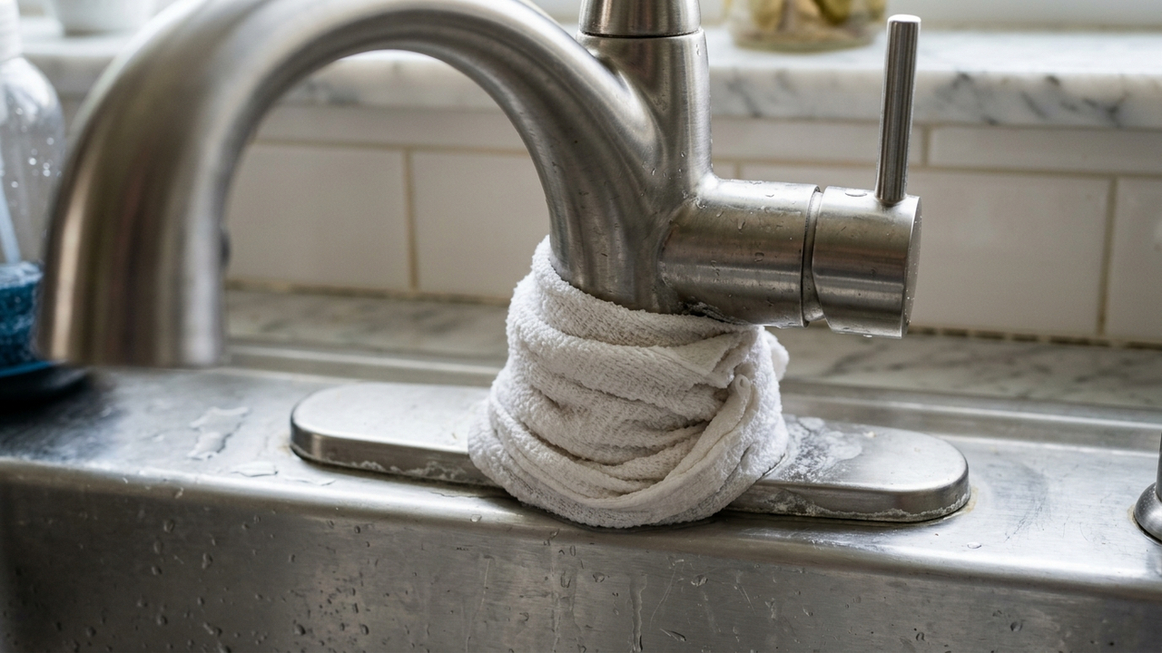 Enrolar um pano com vinagre branco na base da torneira por 15 minutos: o truque simples que derrete o calcário e devolve o brilho ao inox