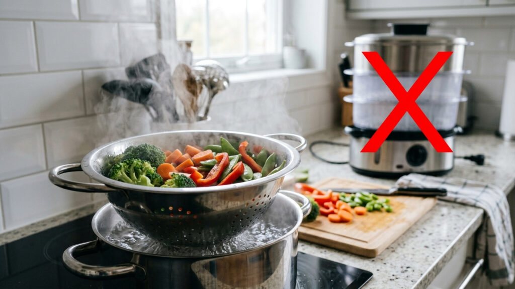 Sem panela vaporizadora, nem gastos extras: a melhor forma de cozinhar legumes no vapor usando um escorredor de macarrão de inox sobre a panela
