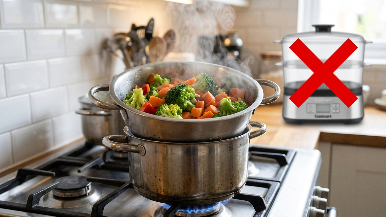 Sem panela vaporizadora, nem gastos extras: a melhor forma de cozinhar legumes no vapor usando um escorredor de macarrão de inox sobre a panela