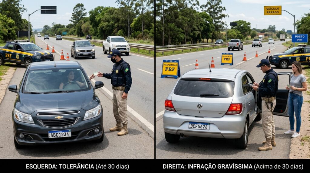 Motorista é parado em blitz, mostra a CNH vencida há poucos dias e acredita que o carro será apreendido, mas o agente explica o prazo de tolerância e o que realmente acontece nesse caso
