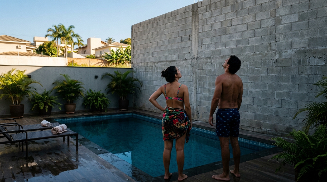 Casal compra casa por causa da vista e do sol na área de lazer, seis meses depois vizinho levanta muro de bloco até o limite permitido pelo código de obras e a piscina não pega mais uma hora de sol,advogado diz que não cabe indenização
