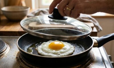 Chefs de cozinha afirmam: “Para o ovo frito ficar com a clara cozida e a gema mole, não precisa virar, basta tampar a frigideira por alguns instantes”