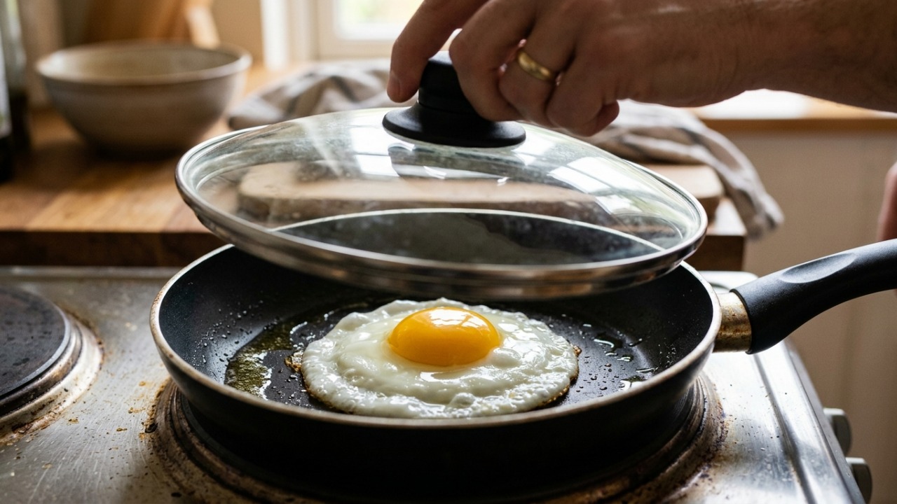 Chefs de cozinha afirmam: “Para o ovo frito ficar com a clara cozida e a gema mole, não precisa virar, basta tampar a frigideira por alguns instantes”