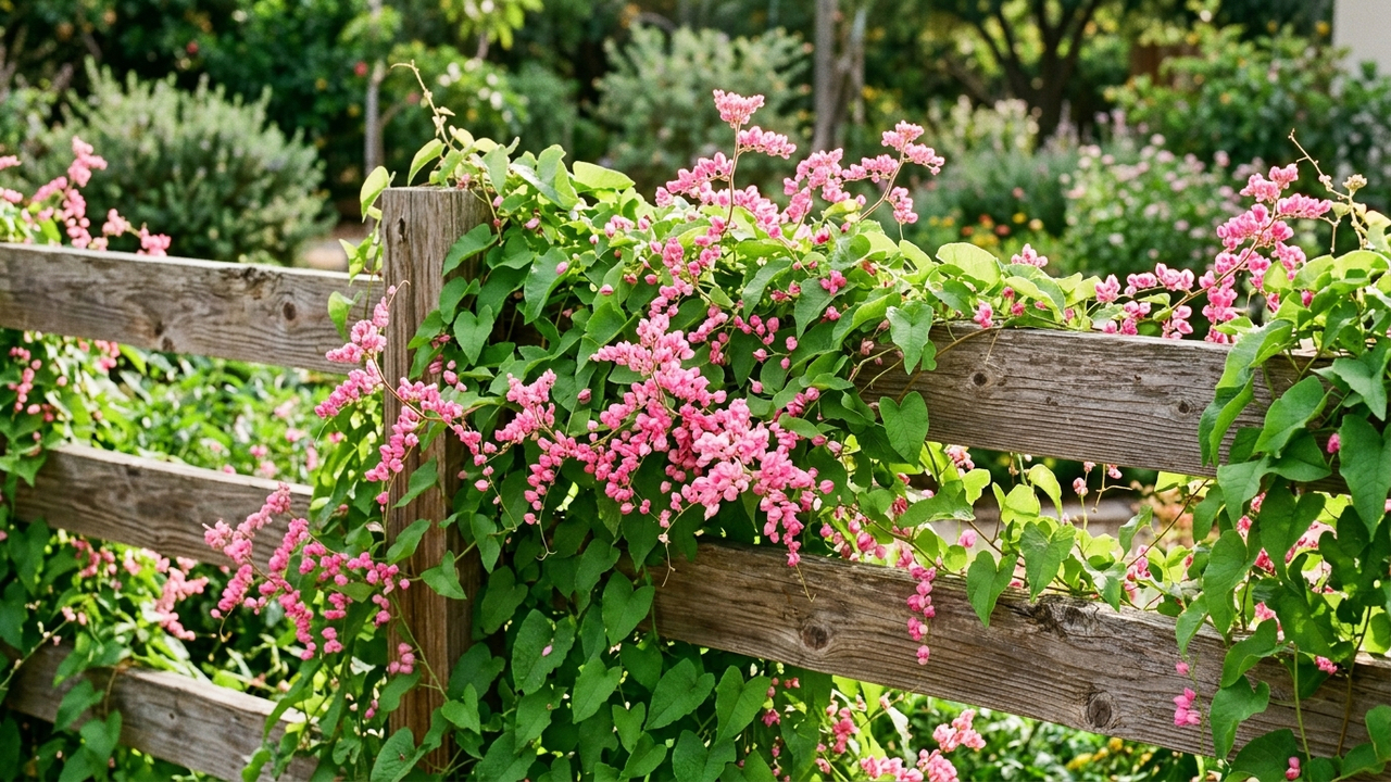 Essa trepadeira resistente forma um paredão verde de flores cor-de-rosa que bloqueia o calor do sol da tarde nos muros e fachadas de casa