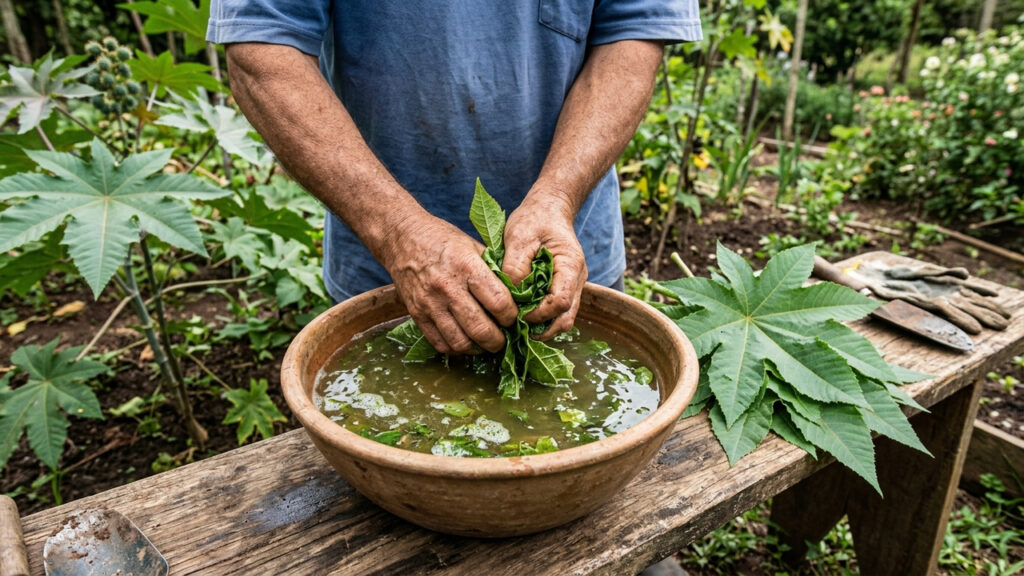 Preparar extrato de folhas de mamona com água: o defensivo botânico caseiro para combater e afastar vaquinhas e besouros da sua horta