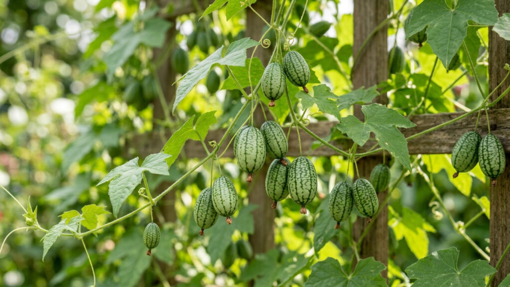 Adeus, melancia: essa fruta de cor verde-clara e casca listrada cabe na palma da mão e produz dezenas de bagas crocantes em vasos