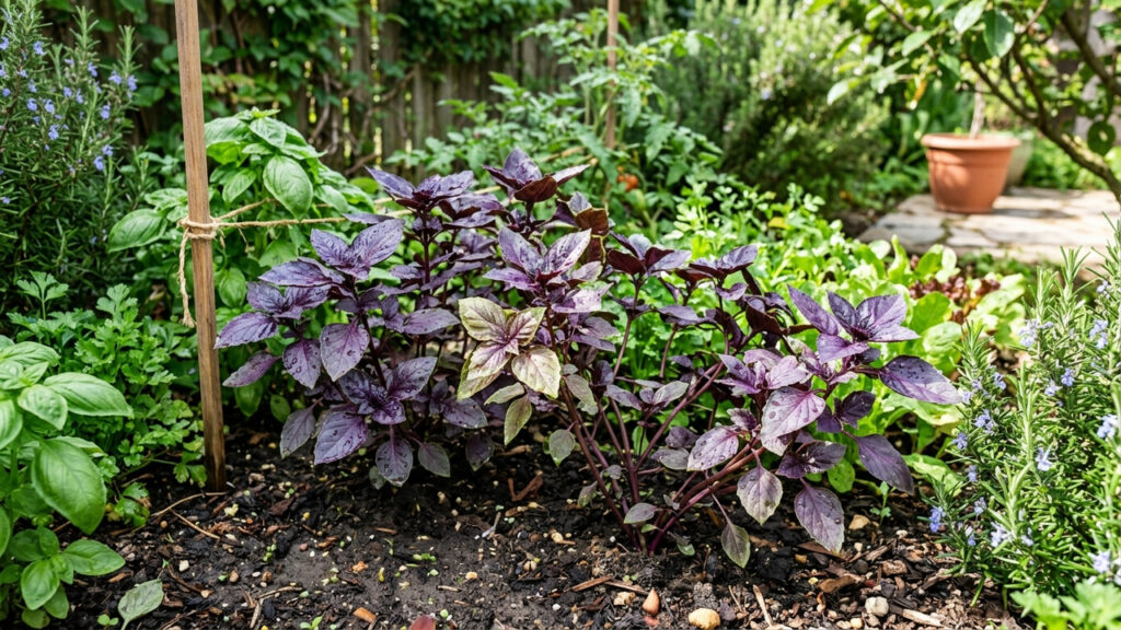 O segredo de poda e iluminação para cultivar manjericão roxo super volumoso em pequenos vasos de tempero na bancada da cozinha