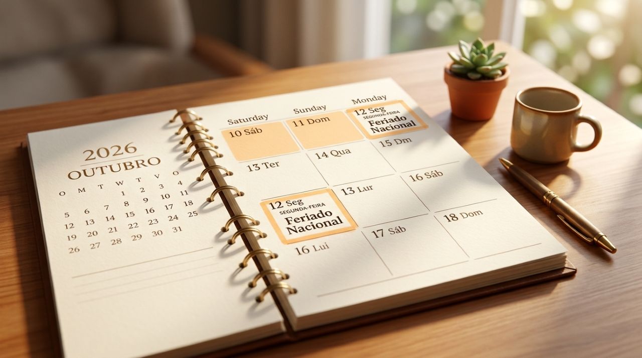 Calendário de outubro de 2026 com os dias 10, 11 e 12 destacados e a segunda-feira 12 marcada como feriado nacional. - - Imagem ilustrativa criada por inteligência artificial