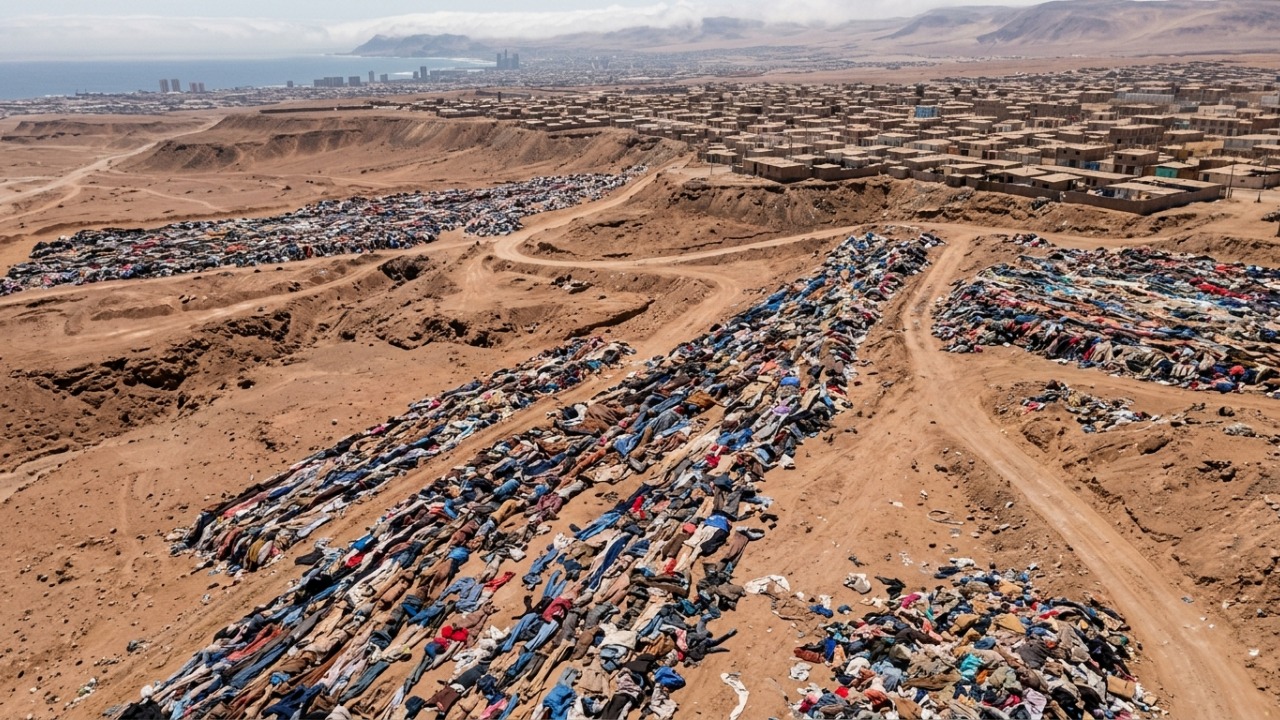 No meio do deserto do Atacama, uma montanha de roupas descartadas já chegou a 60 mil toneladas, vindas de milhares de quilômetros de distância, e já aparece em imagens de satélite