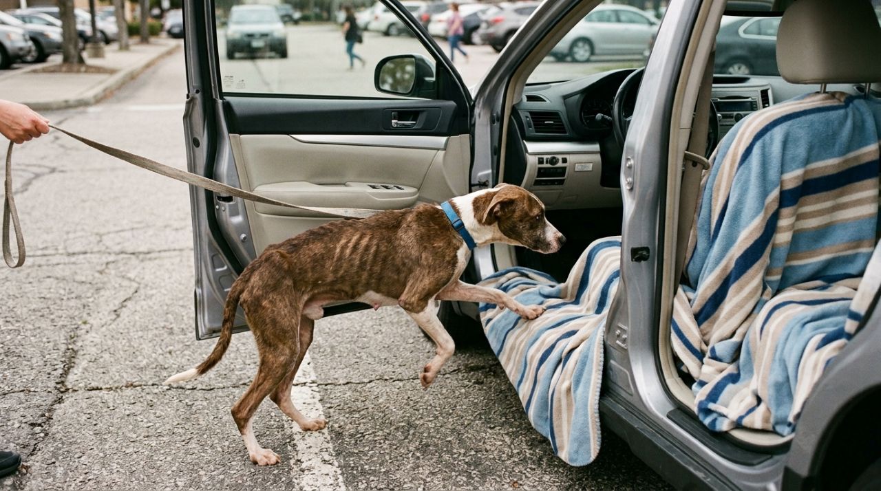 Cachorro de rua encontra mulher por acaso e entra imediatamente no carro dela como se soubesse que sua vida estava prestes a mudar
