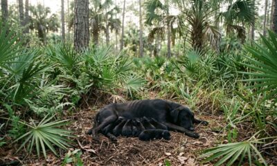 Casal ouve um rosnado na floresta e pensa que há um urso por perto, mas, ao amanhecer, encontra uma cadela magra protegendo 11 filhotes recém-nascidos