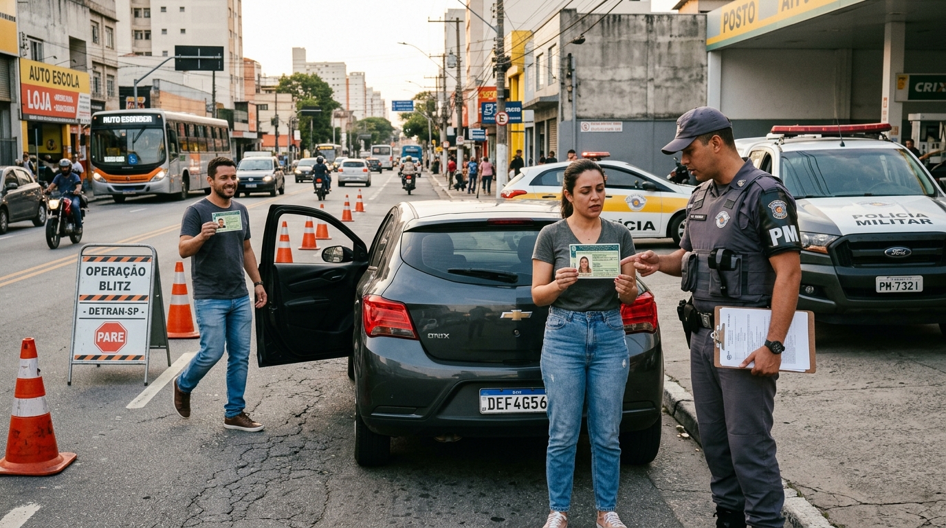 Motorista é parado em blitz, mostra a CNH vencida há poucos dias e acredita que o carro será apreendido, mas o agente explica o prazo de tolerância e o que realmente acontece nesse caso
