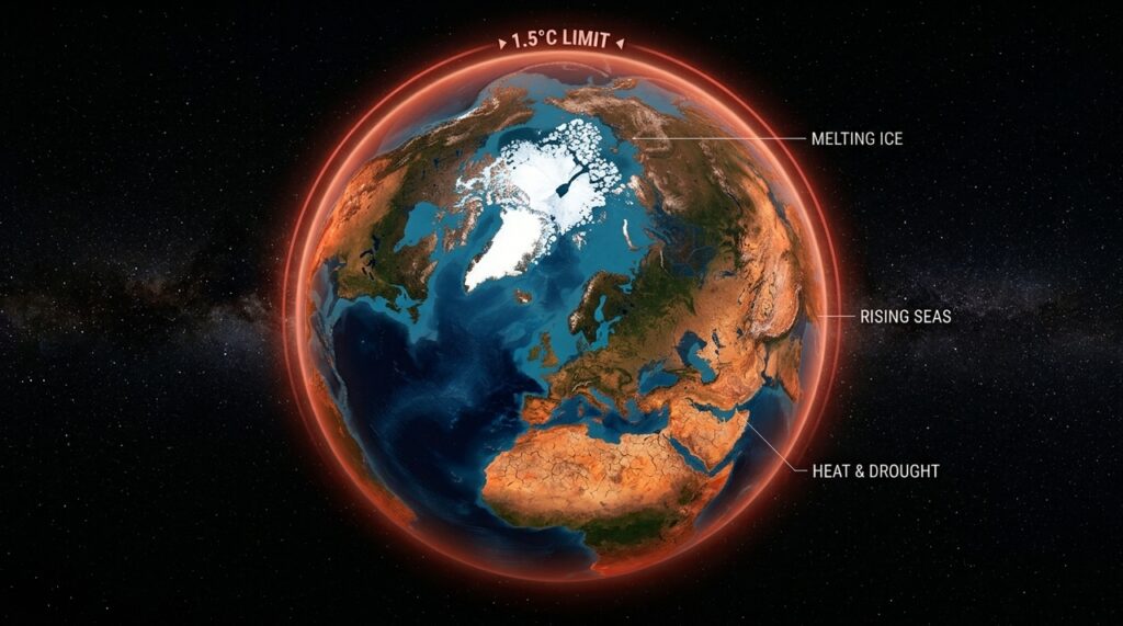 Limite de 1,5°C no aquecimento global pode definir o futuro do planeta. O Acordo de Paris busca reduzir riscos de eventos extremos, perda de biodiversidade, elevação dos mares e impactos à saúde humana