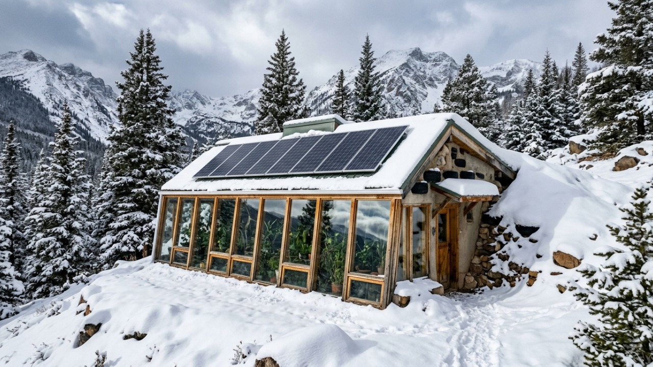 Casal constrói casa de 65 m² com 700 pneus velhos, milhares de garrafas e madeira para construir uma casa autônoma nas montanhas, onde a neve pode chegar a quase 4 metros por ano