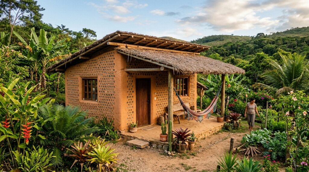 Casas feitas com garrafas PET e terra compactada ganham espaço na construção: técnica dispensa cimento nas paredes, reduz materiais convencionais e pode acelerar a obra com baixo custo e reaproveitamento de resíduos