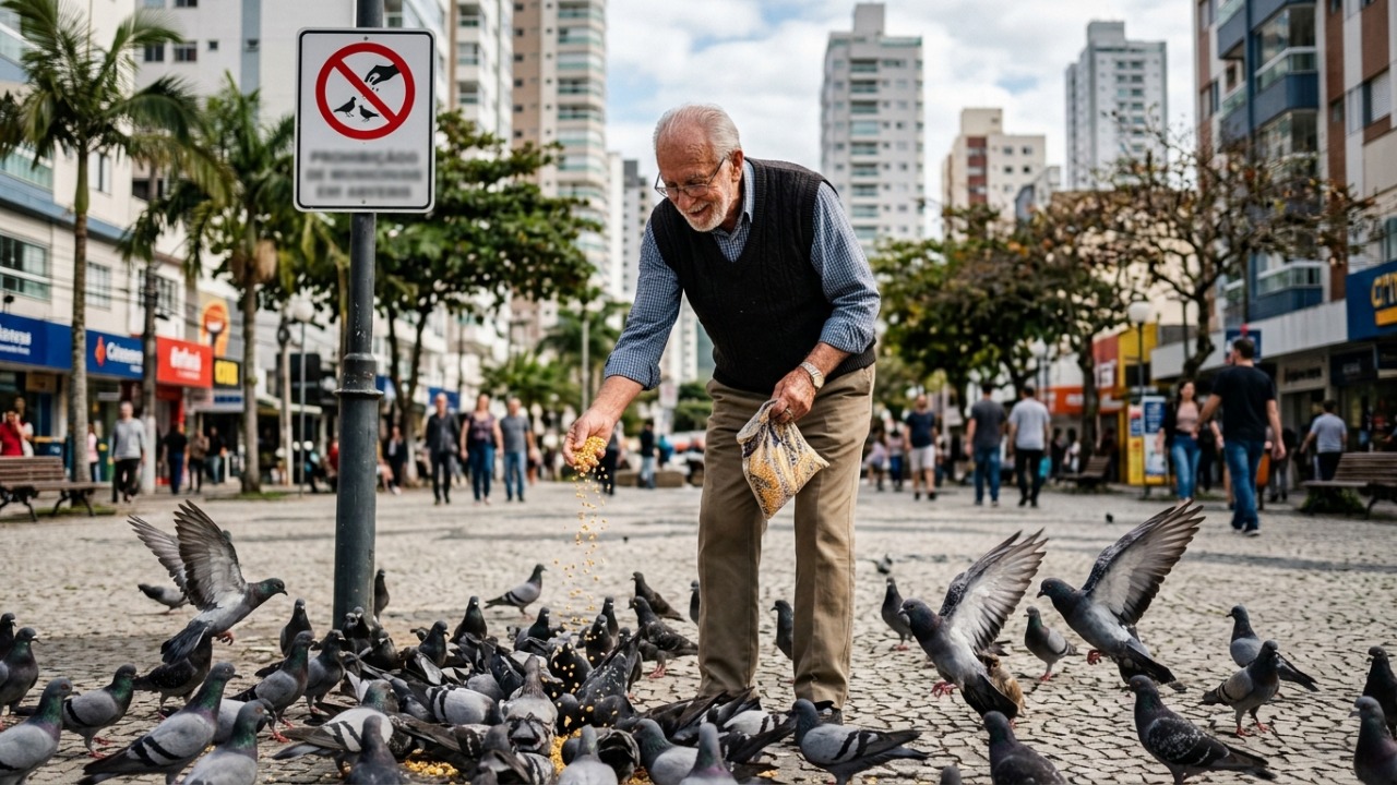 Aposentado dá milho aos pombos todos os dias na praça e só após receber advertência descobre que o hábito pode render multa de R$ 431,54