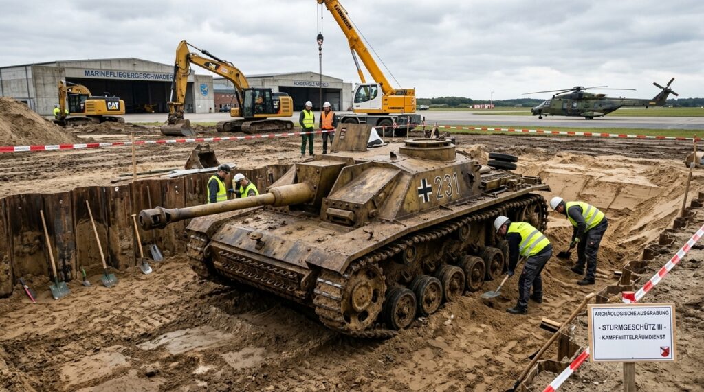 Os trabalhadores da construção tiveram uma surpresa: uma carruagem de canhão de tempestade bem preservada da Segunda Guerra Mundial estava escondida na areia