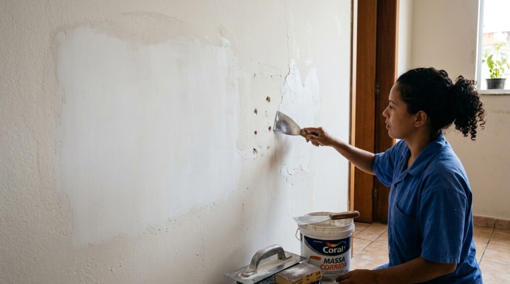 Pedreiro mostra como corrigir pequenas falhas no reboco antes da pintura para conseguir uma parede mais lisa
