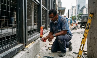 Os carpinteiros estão cansados de repetir o mesmo procedimento: essa espuma injetada nas grades inferiores da fachada está causando o deslocamento do piso superior