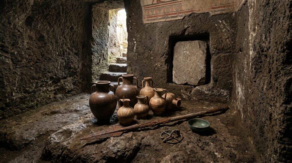 Tumba etrusca de 2.600 anos é encontrada intacta e revela objetos raros que ajudam a reconstruir os costumes de uma antiga civilização
