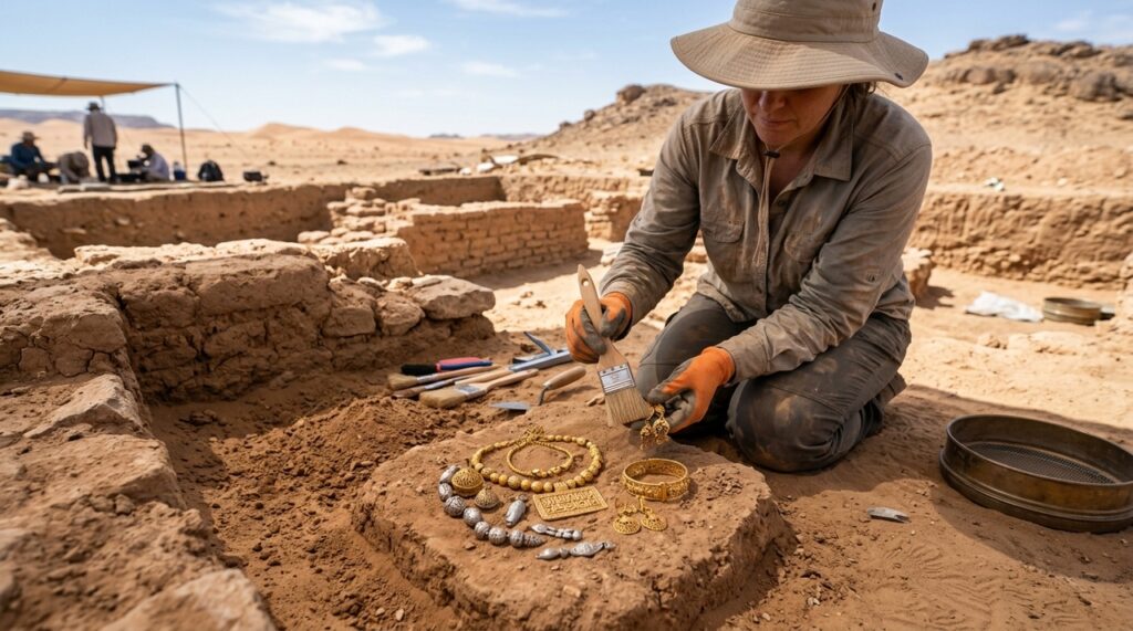 Arqueólogos encontraram mais de 100 peças de ouro, prata e outros objetos na Arábia Saudita. O tesouro está ligado a uma antiga rota de peregrinação para Meca