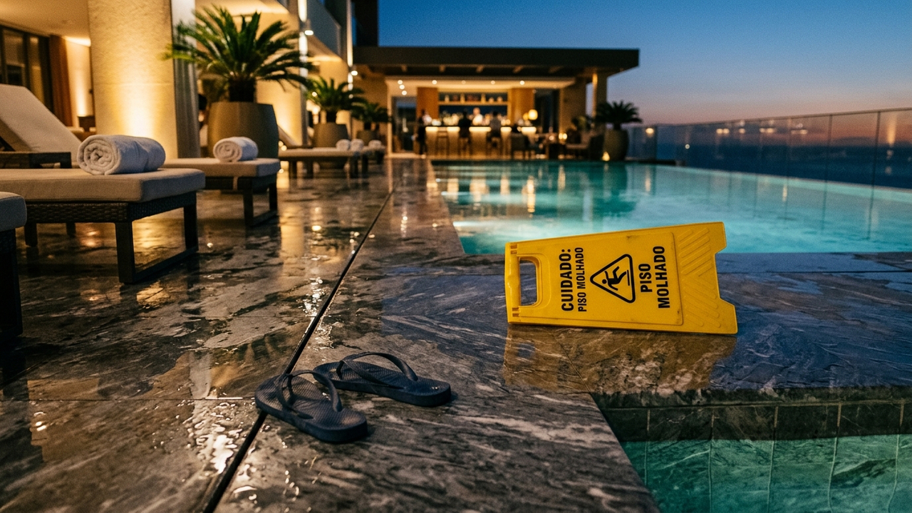 Hóspede escorrega em piso liso de piscina de hotel, fratura a perna nas férias e Justiça obriga empresa a pagar cirurgia e R$ 25 mil de dano