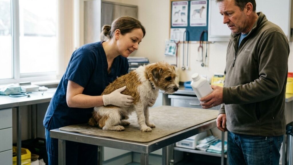 Família contrata dedetização para acabar com baratas antes das festas e, dias depois, o cachorro passa mal e o veterinário pede o nome do produto aplicado na casa