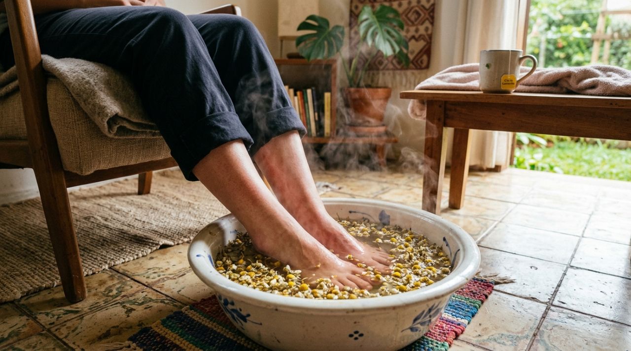 Um pouco de camomila na bacia com água morna: para que serve esse hábito e por que ele pode trazer sensação de relaxamento aos pés