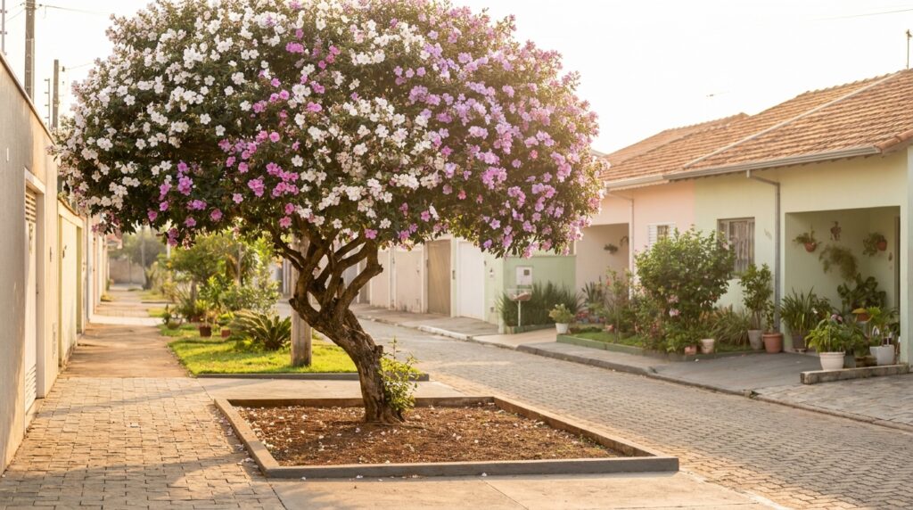 A árvore ideal para calçada estreita: não racha o piso, dá sombra o ano todo e quase não solta folhas
