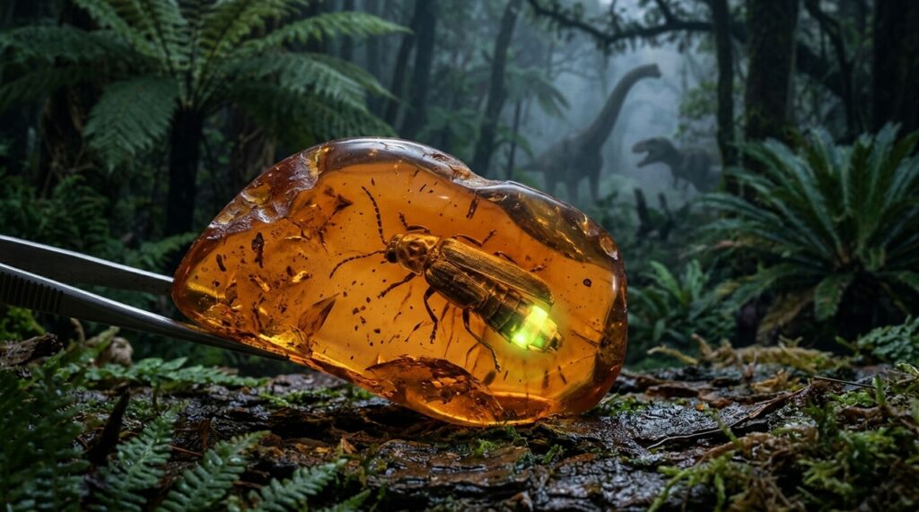 Um fóssil preservado em âmbar por 99 milhões de anos revela que vaga-lumes já produziam luz no Cretáceo, quando dinossauros habitavam as florestas de Mianmar