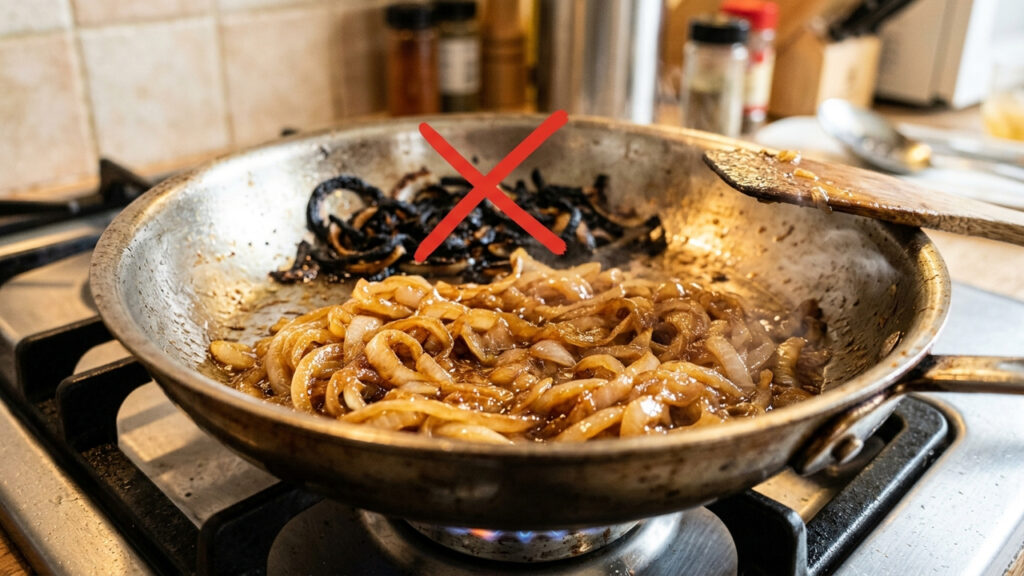 Cebola caramelizada em 5 minutos: o truque químico de uma pitada de bicarbonato de sódio para acelerar o processo na frigideira sem queimar